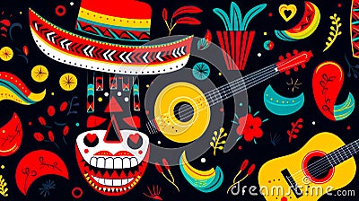 Painting of mexican day of the dead skull with guitar and sombrero. Generative AI Stock Photo