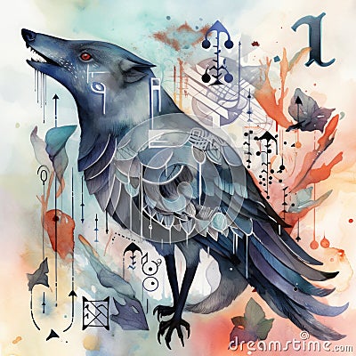 A painting of a mix pf wolf and a bird, based on Scandinavian mythology . AI generative image. Stock Photo