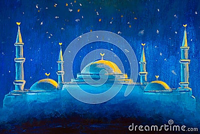 Painting night Mosque. Hand drawn muslim sight Cartoon Illustration