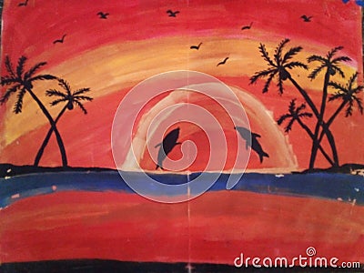 Painting ocean with sunset bird fish Stock Photo