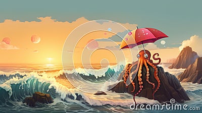 A painting of an octopus holding an umbrella. AI generative image. Stock Photo