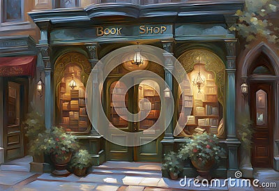 an old fashioned book shop with books on shelves visible in the windows Stock Photo