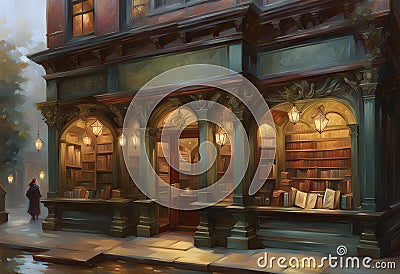 painting of an old fashioned book shop with books on shelves visible in the windows Stock Photo