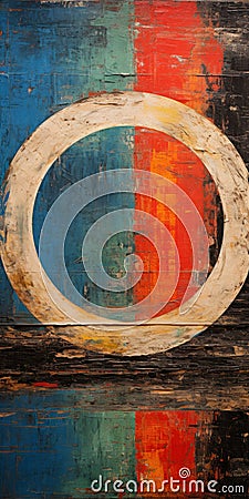 Abstract Rustic Americana Painting With Bright Blue Circle Stock Photo