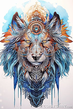 Painting of ornate wolf head with sacred symbols. Isolated illustration for tattoo or t-shirt design. Generative AI Cartoon Illustration