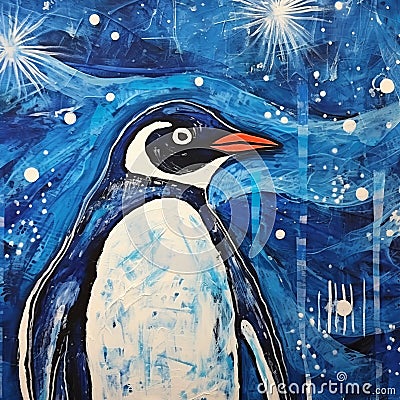 Indigo Penguin Painting With Blue Stars - Leanne Surfleet Inspired Art Stock Photo