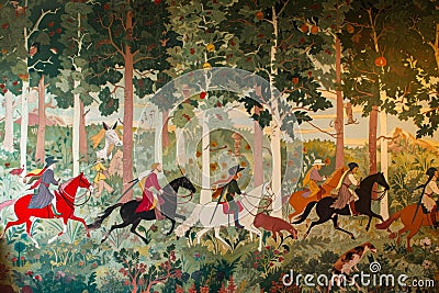 Painting of People Riding Horses Through a Forest, A medieval hunting party, complete with hounds and horses, AI Generated Stock Photo