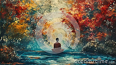 Painting of a Person Meditating in a Peaceful Forest Stock Photo