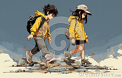 Painting picture of a pair of kids playing together with new shoes Stock Photo