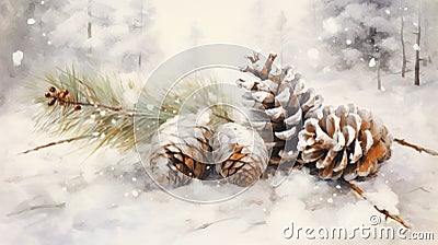 a painting of pine cones and pine needles in the snow Stock Photo