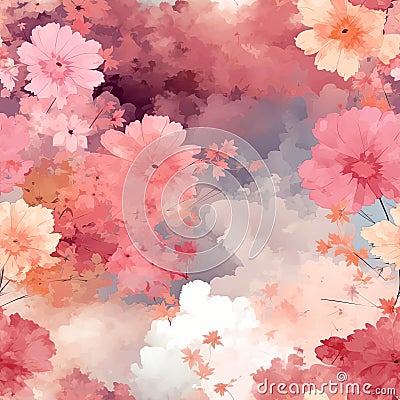 Painting of pink clouds, flowers, and skies in a dreamlike illustration (tiled) Cartoon Illustration