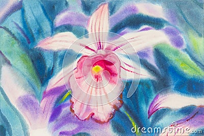 Painting pink color of orchid flower and green leaves Stock Photo
