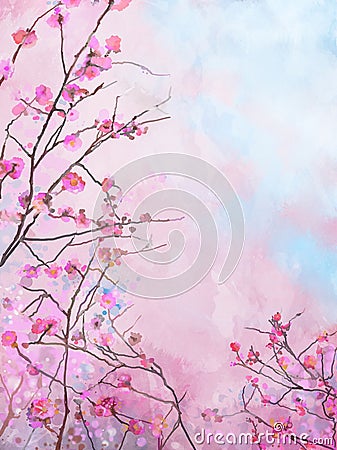 Painting pink Japanese cherry- sakura floral Spring blossom background Stock Photo