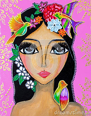 Painting, portrait of a young woman with big eyes, with flowers on her head and hummingbirds, bright colors. Stock Photo