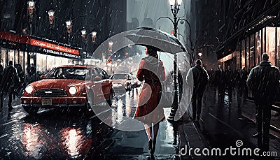 Rainy day in the city with woman and umbrella Stock Photo