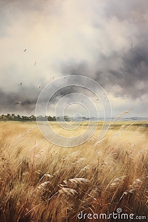 Painting of a prairie landscape and grasses. Grassland scenery in autumn, birds flying in overcast sky Stock Photo