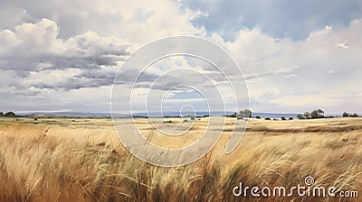 Painting of a prairie landscape and grasses. Grassland scenery and overcast sky in autumn Stock Photo
