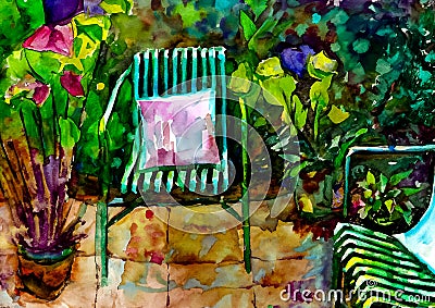 An artistic impressionist painting style of a colourful courtyard garden Stock Photo