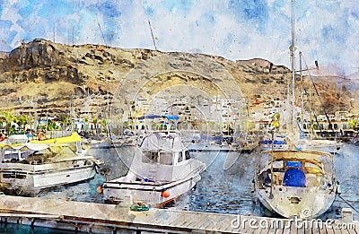 Painting of Puerto de Morgan at Gran Canaria Island. Spain Stock Photo