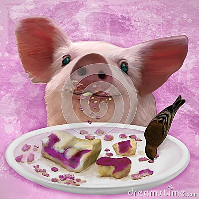 Painting of a puppy pig eating cake with his friend little bird Stock Photo