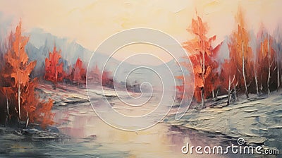 Ethereal Autumn River Painting: Cold Landscape With Palette Knife Stock Photo