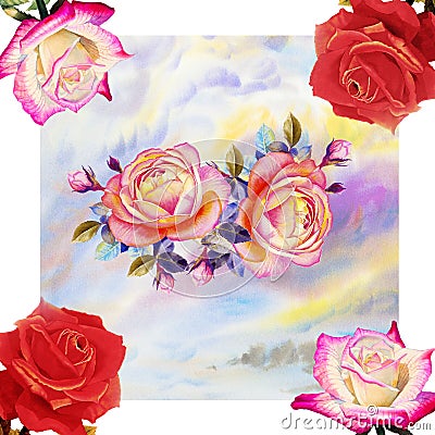 Painting red pink and orange color of roses flowers. Cartoon Illustration