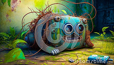 Painting of robot laying on the ground. Generative AI Stock Photo