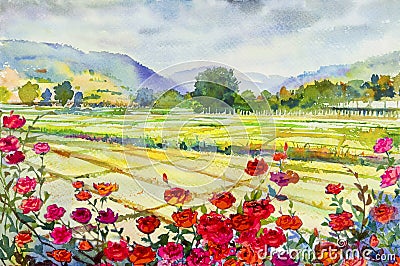 Painting roses cornfield and mountain of emotion in sky cloud background Stock Photo