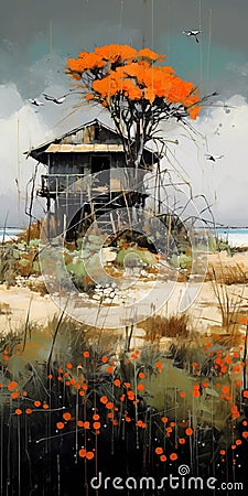 Lively Coastal Landscape Painting Of Abandoned House With Tree Stock Photo
