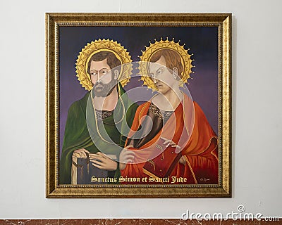 Painting Saints Simon and Jude on the left side of the interior of the Chapel of San Juan de Letran in Zahara. Editorial Stock Photo