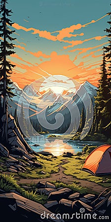 Retrovirus Camping Poster: Scenic View Of Tent Campsite In The Mountains Cartoon Illustration