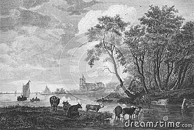 Painting. Scenery by Ruysdael in the old book Des Peintres, by C. Blanc, 1863, Paris Stock Photo