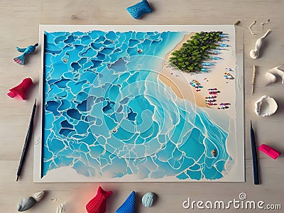 Painting of the sea, beach lying on a board, view from above. Watercolor, impressionism. Stock Photo