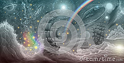 Painting sea landscape by oil on canvas with fantasy ship, stars in night sky, sunrise or sunset, sea, hand drawn seascape art Cartoon Illustration