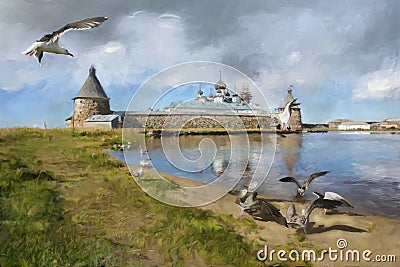 Painting seagulls, mews, monastery of Solovki Stock Photo