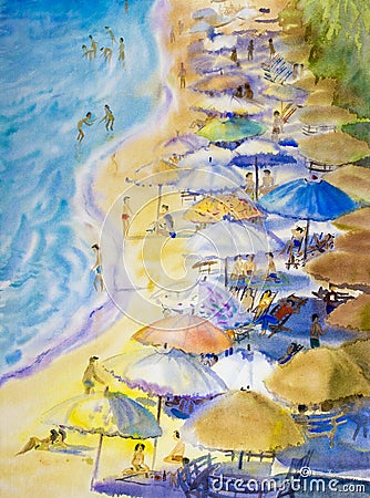 Painting seascape colorful of couple family vacation and tourism. Stock Photo