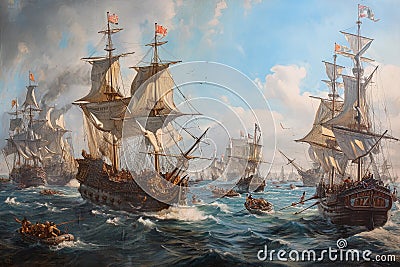 A painting showcasing a fleet of ships battling turbulent waves in the midst of a tempestuous sea, A historic naval battle scene Stock Photo