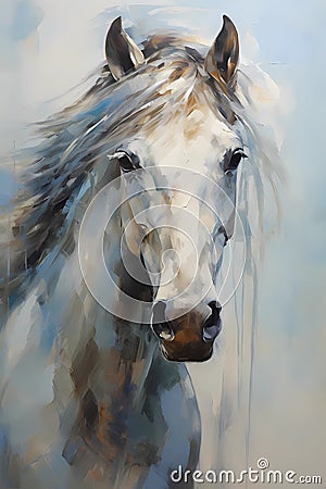 A painting showing a horse's head, in the style of light silver and blue Stock Photo