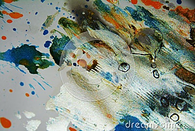 Painting silver watercolor orange blue wax vivid spots, abstract creative background Stock Photo