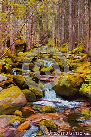 Painting of a small river with big boulders and trees Stock Photo