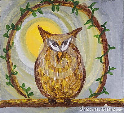 Painting of sneaky cunning brown owl on acrylic Stock Photo