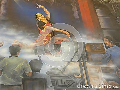 Hyderabad, India - January 1, 2009 Painting of a South Indian woman in saree dancing at Ramoji Film City Editorial Stock Photo