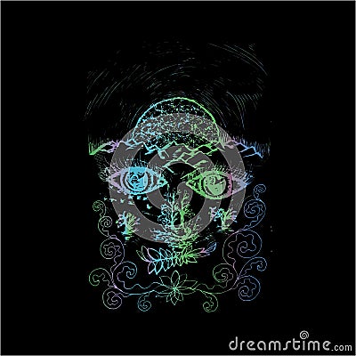 Painting of the spirit of the earth, eyes and earth in perspective, the cosmic body. Neon colors. Vector Illustration