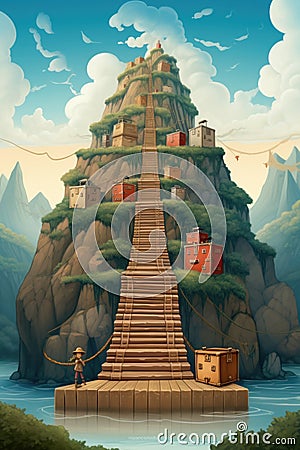 A painting of a staircase leading to a castle, AI Stock Photo