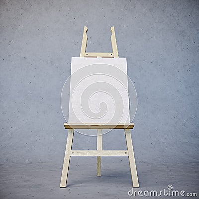 Painting stand wooden easel with blank canvas poster sign board isolated on concrete texture background Stock Photo