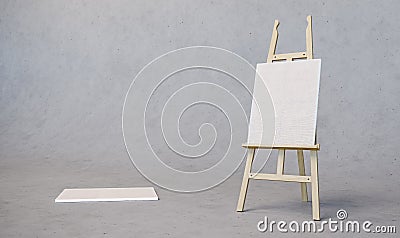 Painting stand wooden easel with blank canvas poster sign board isolated on concrete texture background Stock Photo