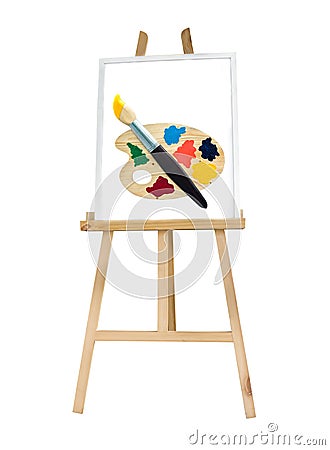 Painting stand wooden easel with color palette Stock Photo