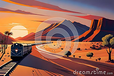 a painting in the style of Tom Whalen, of outback australia with a diesel train and a setting sun Stock Photo