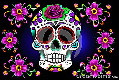 Painting Sugar Mexican Skull, Halloween Traditional Culture Colourful Skull, Day Of The Dead, AI Generative Stock Photo