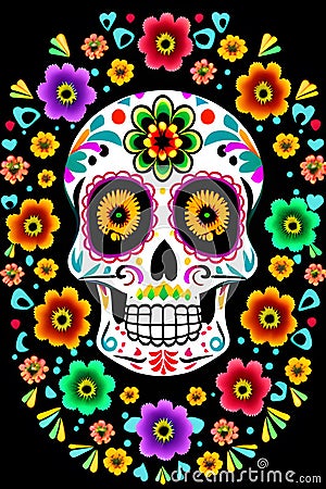 Painting Sugar Mexican Skull, Halloween Traditional Culture Colourful Skull, Day Of The Dead, AI Generative Stock Photo